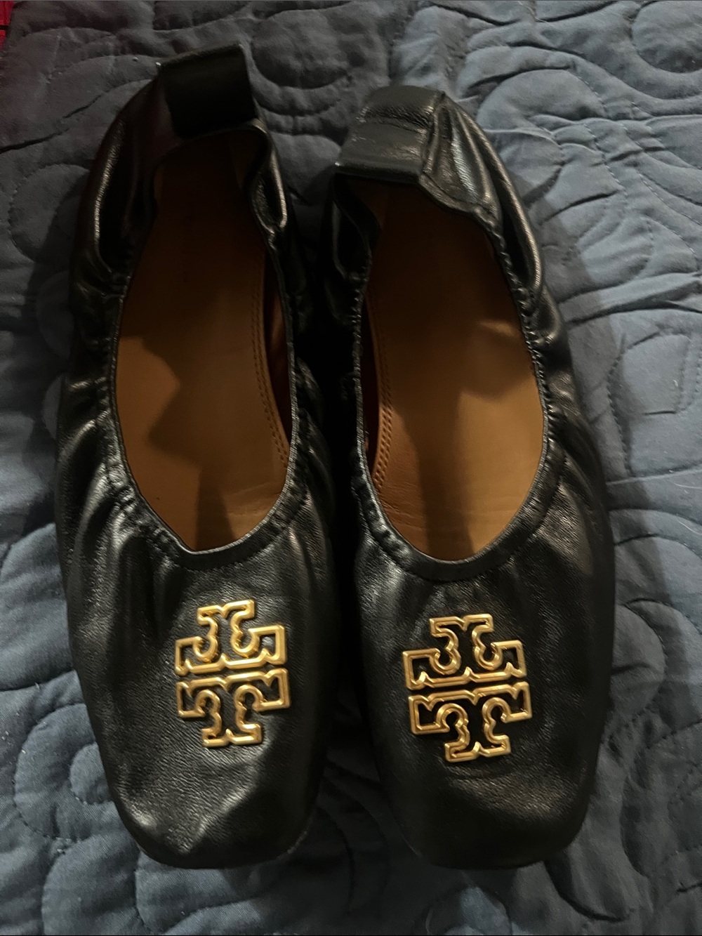 Tory Burch Black Leather Ballet Flats with Gold Logo